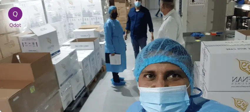 Qdot team conducting internal Halal audit at UAE manufacturing facility ensuring compliance